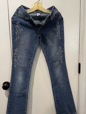 Embellished Dark Blue Flare Jeans with Rhinestone Detail